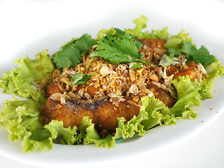 Image showing Thai food, fried fish with garlic