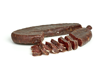 Image showing Sliced turkic summer sausage (Sucuk) 