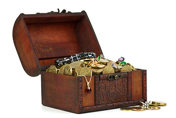 Image showing Treasure: wooden chest with golden coins, gems, rings, e.t.c.