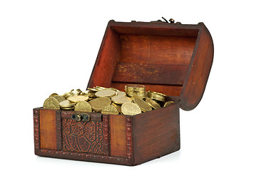 Image showing Old wooden chest with golden coins