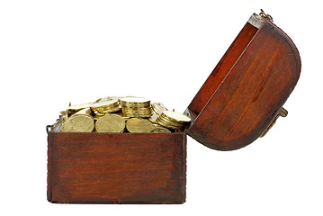 Image showing Old wooden chest with golden coins