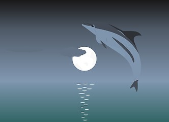 Image showing Illustration of a jumping dolphin over a moonlight