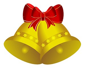 Image showing Two golden christmas bells with red bow