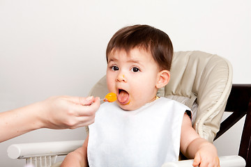 Image showing Happy baby spoon feeding