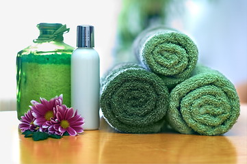 Image showing Green towels in bathroom