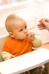 Image showing Feeding a little baby boy