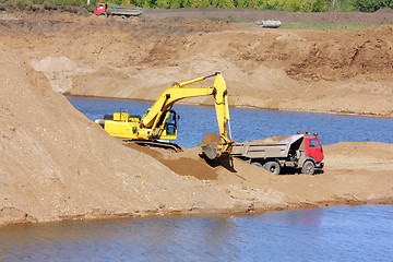 Image showing sandpit - excavator and tipper