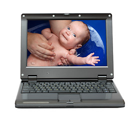 Image showing laptop with bathing baby