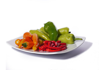 Image showing Assorted chili peppers on a white plate, isolated