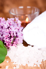 Image showing lilac, bath salt, towel and candle