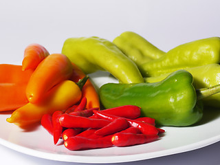 Image showing Assorted chili peppers on a white plate