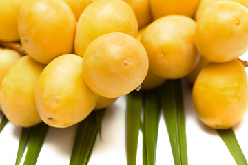 Image showing Bunch of fresh dates on the leaf