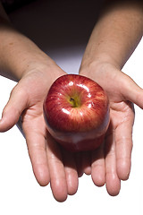 Image showing Woman holding fresh apple from dark to light
