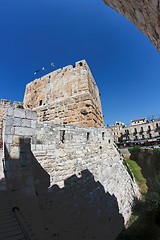 Image showing Fisheye view of an ancient citadel in Jerusalem