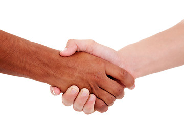 Image showing handshake, between a white and a black young man