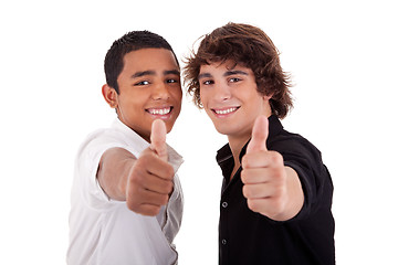 Image showing two young man of different colors, with thumb up