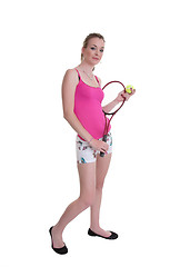 Image showing pretty girl with tennis racket on white