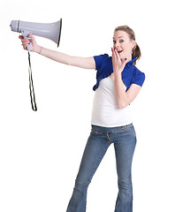 Image showing young woman with bullhorn