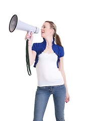 Image showing young woman with bullhorn