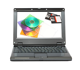 Image showing small laptop with discs and diskettes