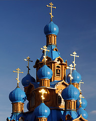 Image showing Wooden Orthodox Church with Blue Domes