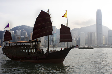 Image showing Traditional Chinese Boat on Victoria Harbour, Hong Kong. 