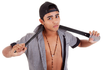 Image showing young and handsome latin man, with a belt - as a bad boy 