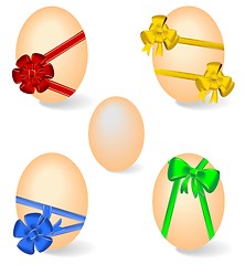 Image showing Realistic illustration of set by Easter eggs with bows