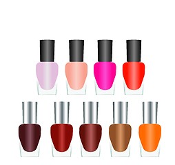 Image showing Bottles of nail polish in various bright colors on a white backg