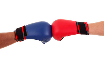 Image showing Two boxers touch gloves ready to start fight