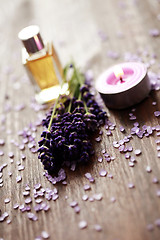 Image showing lavender bath salt and massage oil