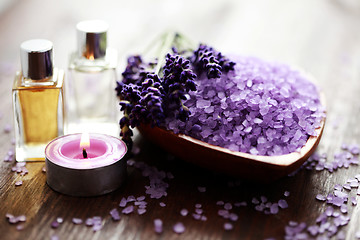 Image showing lavender bath salt and massage oil
