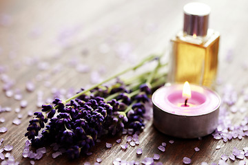 Image showing lavender bath salt and massage oil