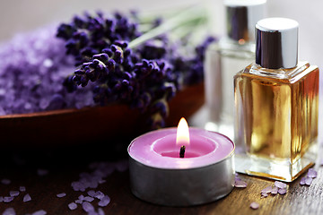 Image showing lavender bath salt and massage oil