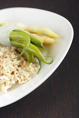Image showing Bean's pods and rice on plate