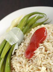 Image showing Bean's pods and rice with red dressing