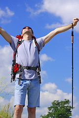 Image showing Hiker with raised arms