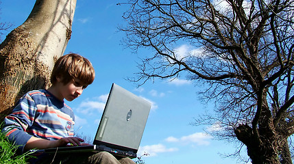 Image showing Attention.(child with notebook sit blue sky )
