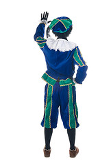 Image showing Zwarte Piet from the back, waving his hand.
