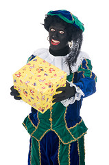 Image showing Zwarte Piet giving a present