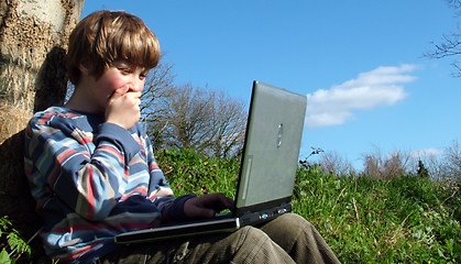 Image showing Wow! (child with notebook sit blue sky )