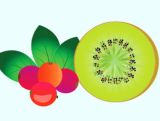 Image showing Fruit kiwi cut and berry cherry