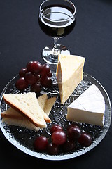 Image showing Cheese,grapes and wine