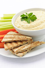 Image showing Hummus with pita bread and vegetables