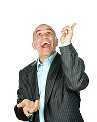 Image showing Laughing man pointing up