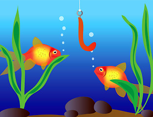 Image showing Tropical fishes beside hook with bait