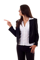 Image showing woman pointing to her side