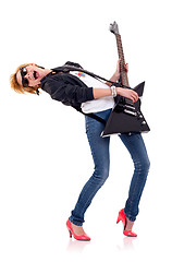 Image showing blond girl playing her electric guitar 