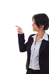 Image showing woman pointing to her side