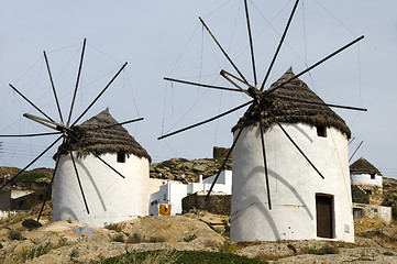 Image showing windmill Ios Island Cyclades Greece with thatch roof and white s